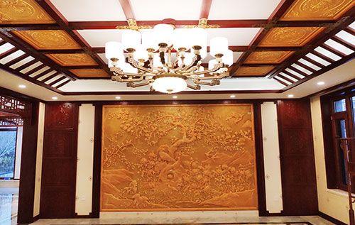 晋城中式别墅客厅中式木作横梁吊顶装饰展示