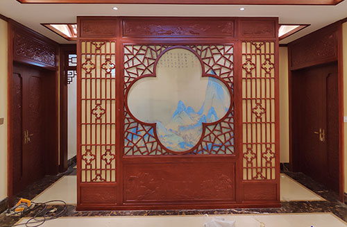 晋城会所室内装修中式仿古实木屏风隔断展示