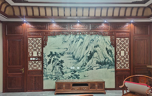 晋城中式仿古别墅客厅背景墙花格木作装饰